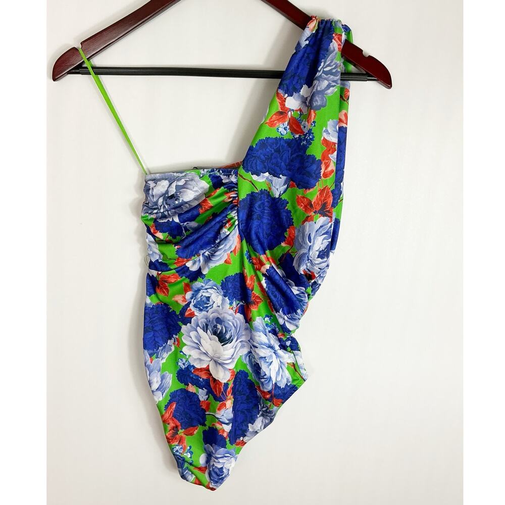Zara Womens One Shoulder Bodysuit Floral Green Blue Small - Picture 5 of 5